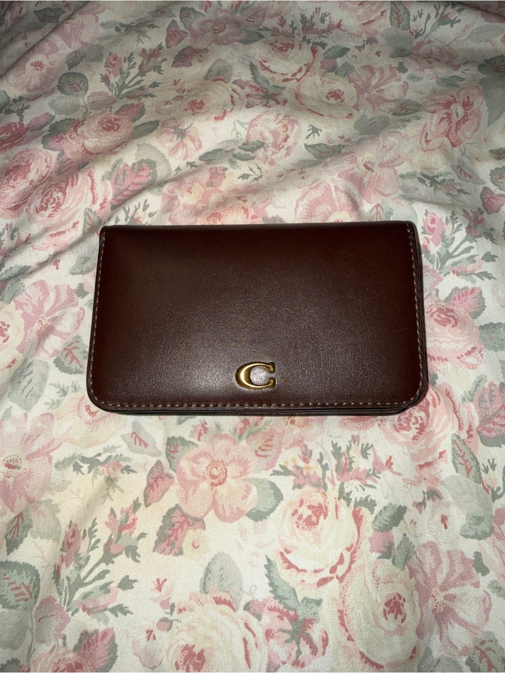 Coach Brown Leather Trifold Wallet with Gold 'C' Accent